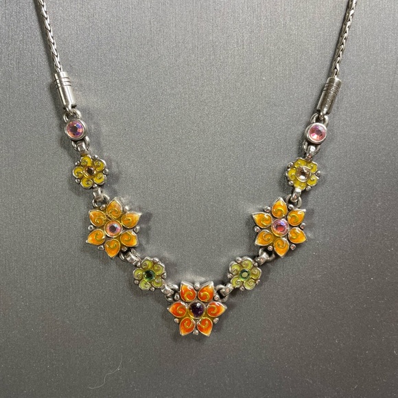 Vintage Retired Brighton Enamel Flowers & Ab Rhinestones 16-19” Necklace 1 owner - Picture 1 of 8